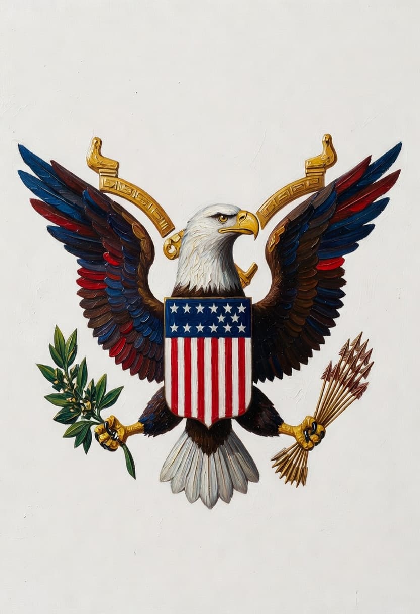 Great Seal of the United States with bald eagle, thirteen arrows, and olive branch