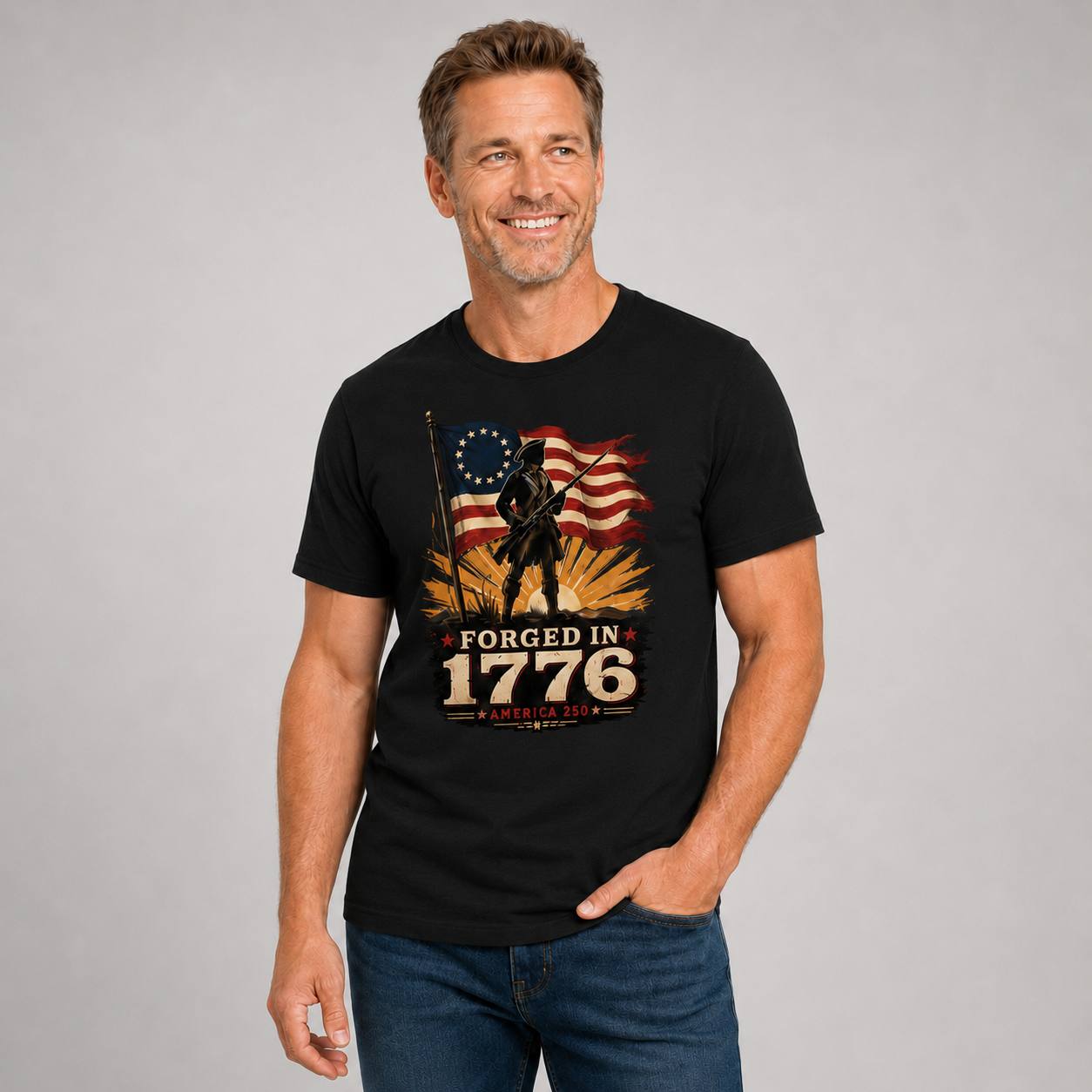 Forged in 1776 — America 250 Tee in Men's black front view, additional product view