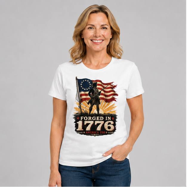 Forged in 1776 — America 250 Tee, front view